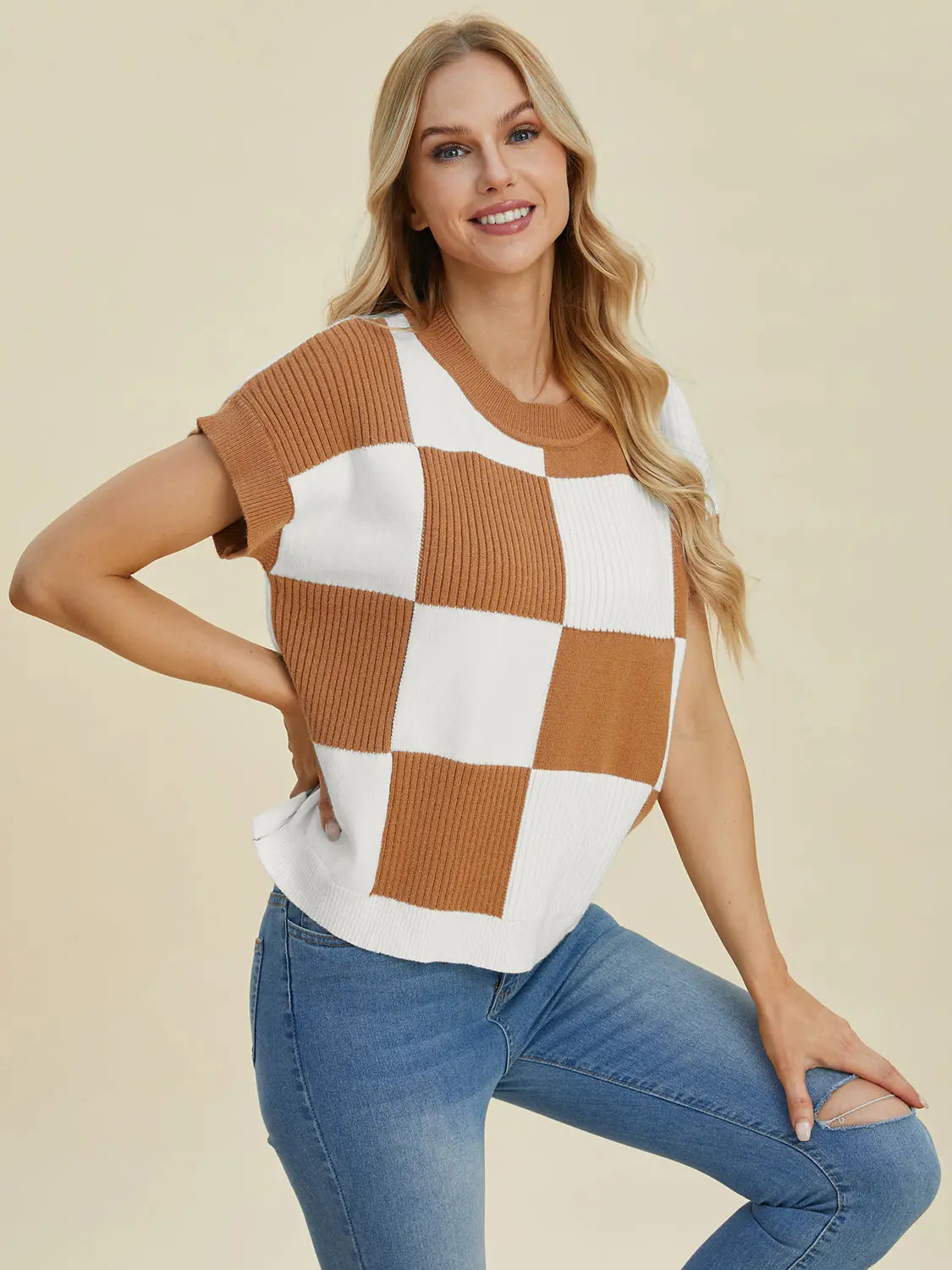 Double Take Checkered Round-Neck Short-Sleeve Sweater - Whispering Desires Shoppe