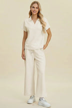 Double Take Collared Two-Piece Top & Wide-Leg Pants - Whispering Desires Shoppe