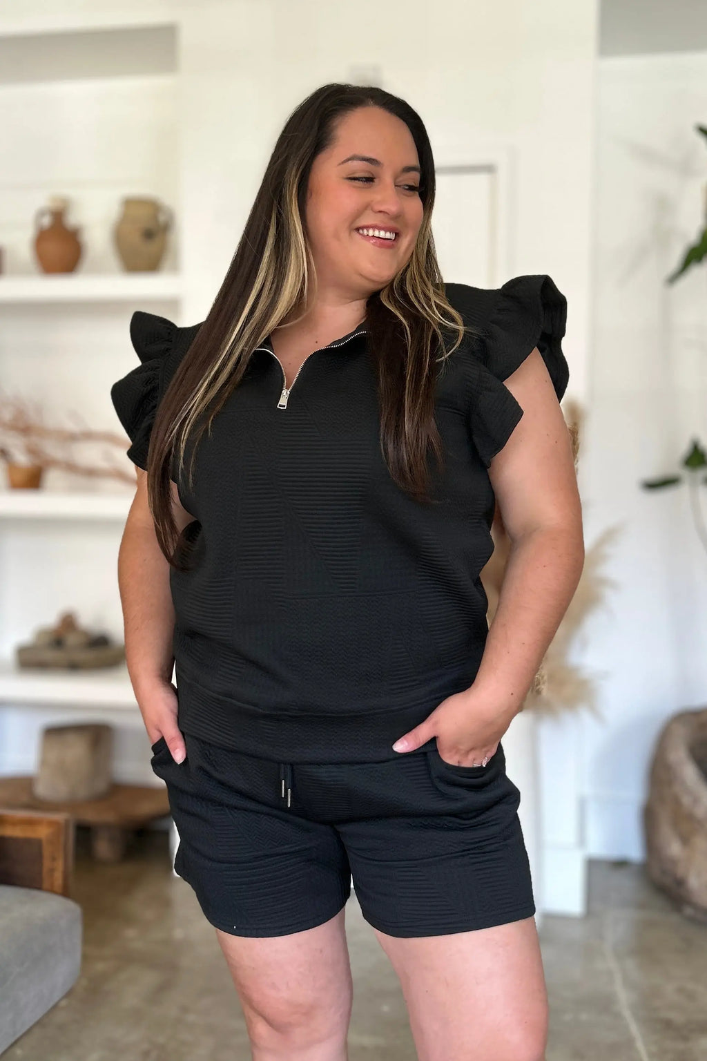 Double Take Flounce Sleeve Top & Drawstring Shorts - Whispering Desires Shoppe
