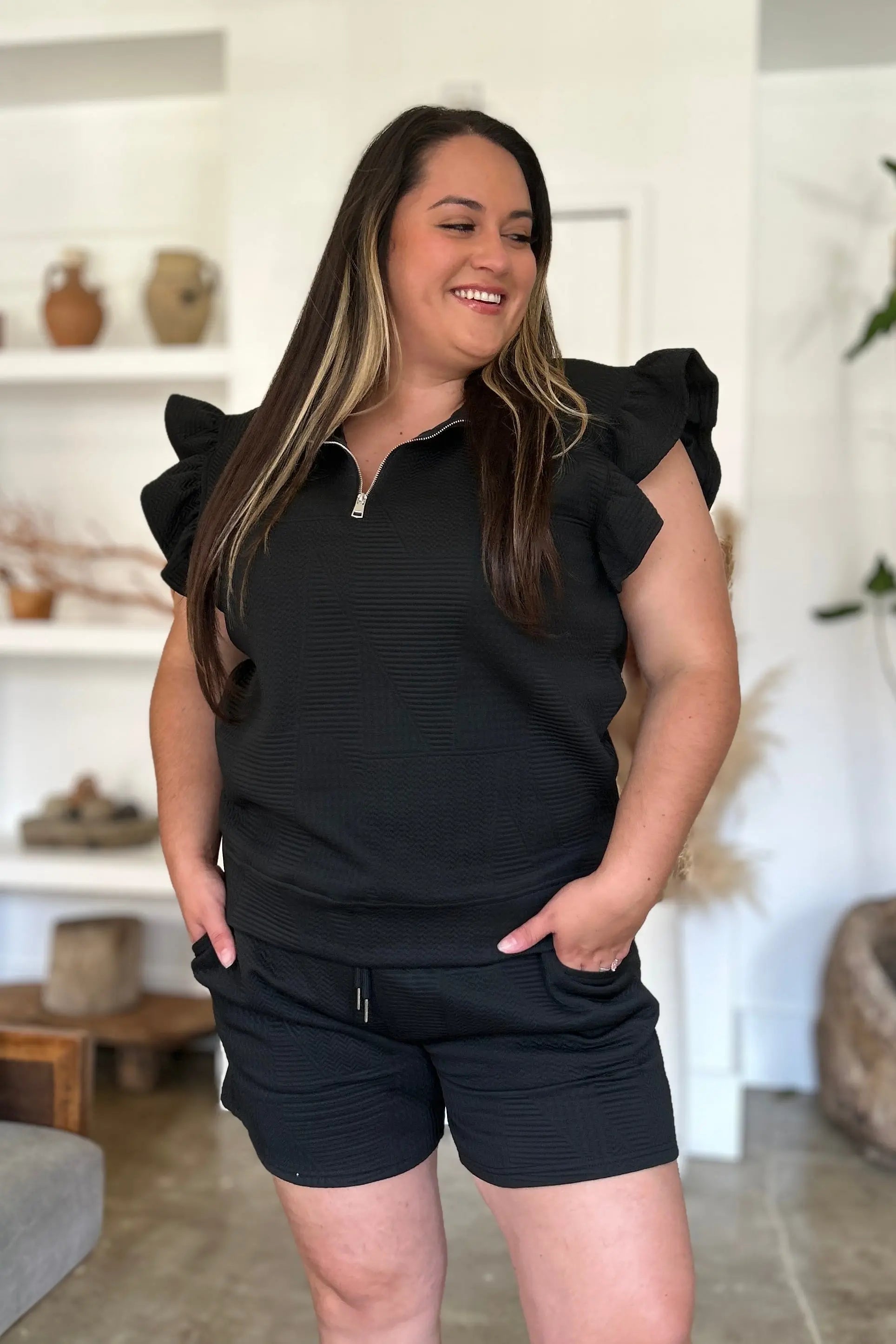 Double Take Flounce Sleeve Top & Drawstring Shorts - Whispering Desires Shoppe