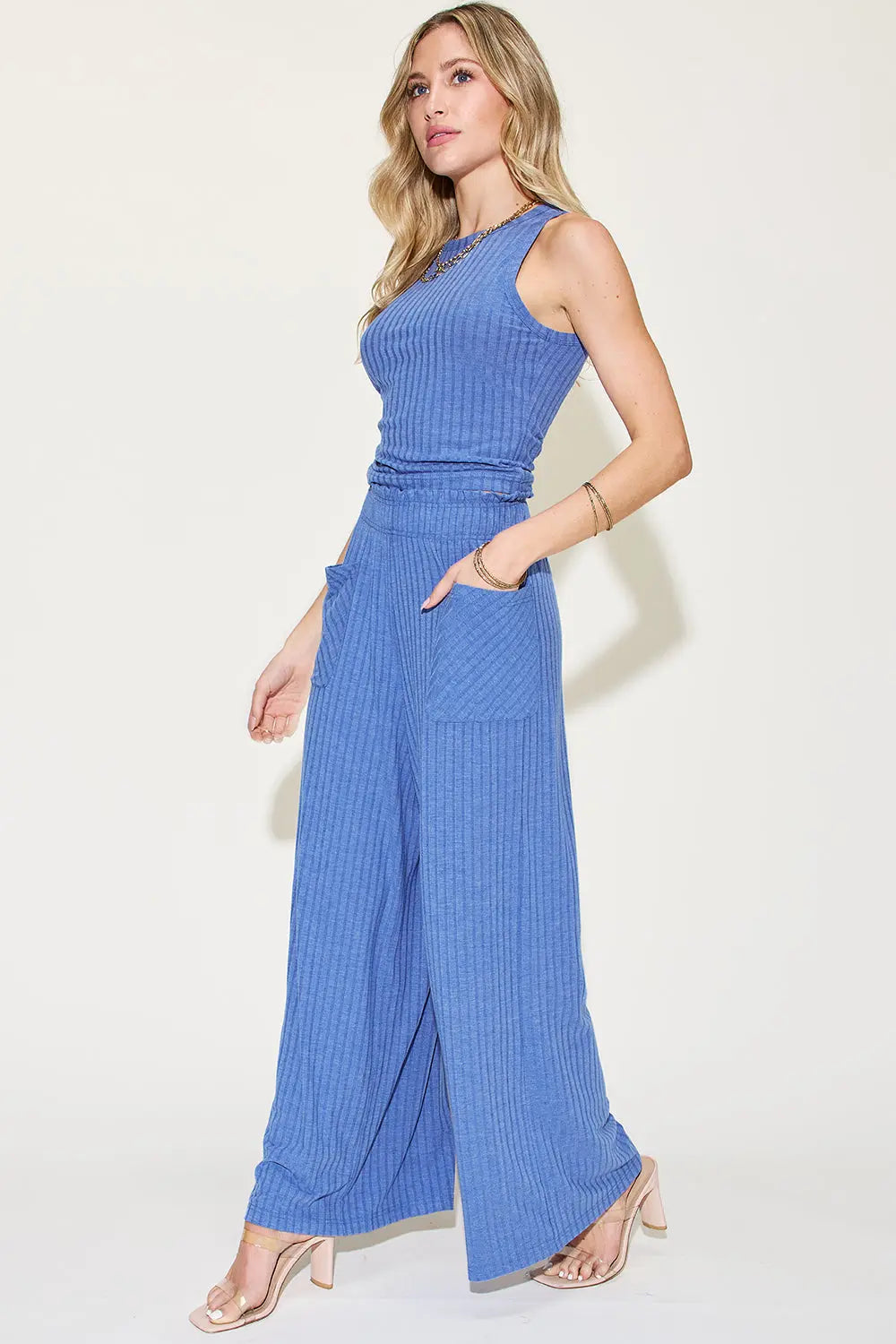 Ribbed Tank & Wide-Leg Pants Two-Piece Set - Whispering Desires Shoppe
