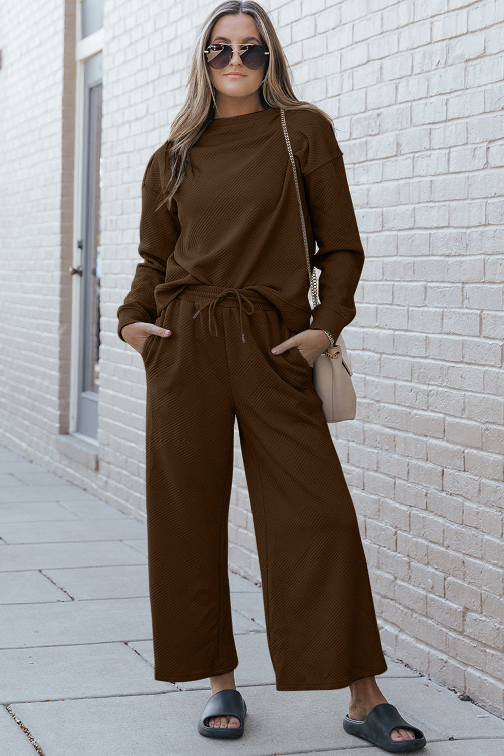 Double Take Full Size Textured Long Sleeve Top and Drawstring Pants Set - Whispering Desires Shoppe