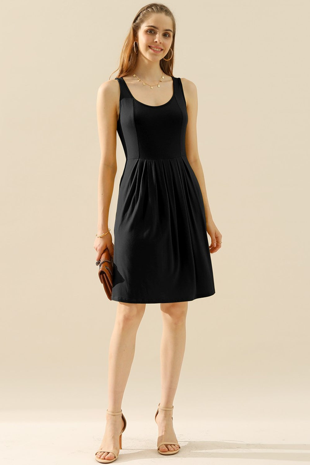 Doublju Ruched Round-Neck Sleeveless Dress w/ Pockets - Whispering Desires Shoppe