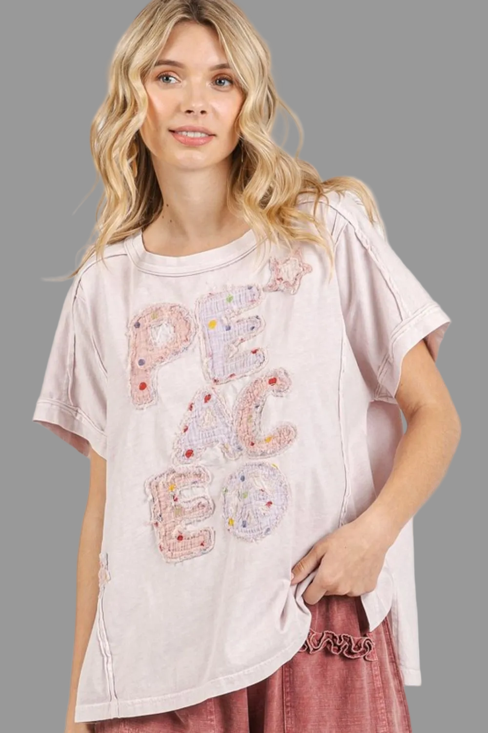 Mittoshop PEACE Round Neck Short Sleeve T-Shirt Trendsi
