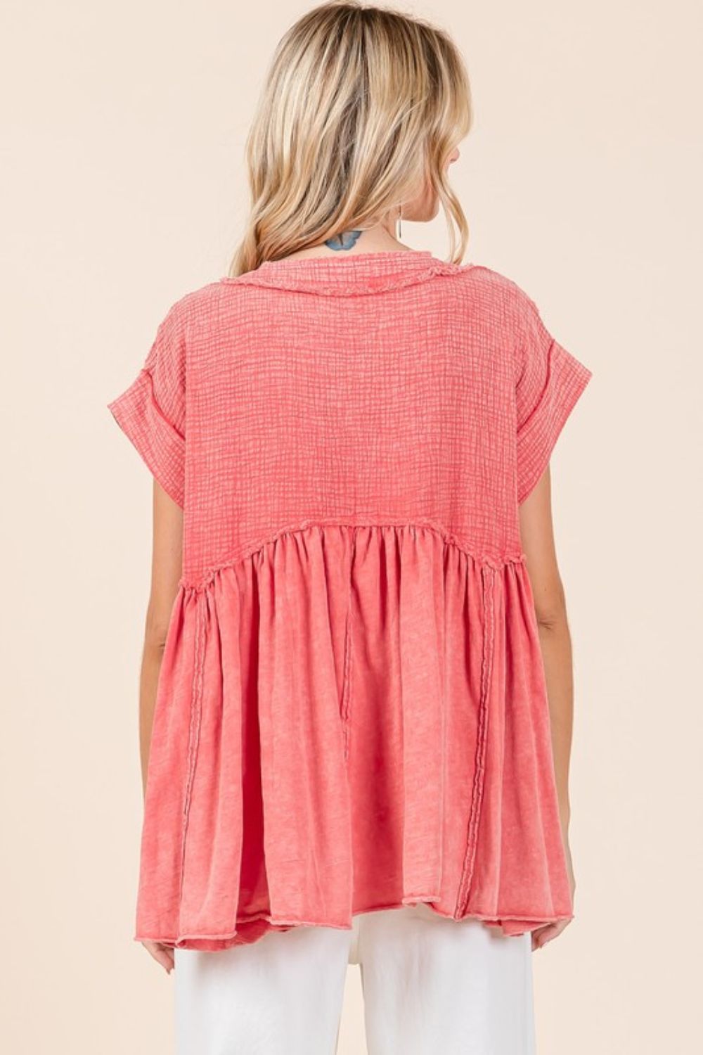 Mittoshop Mixed Media Mineral Wash Babydoll Short Sleeve Blouse - Whispering Desires Shoppe