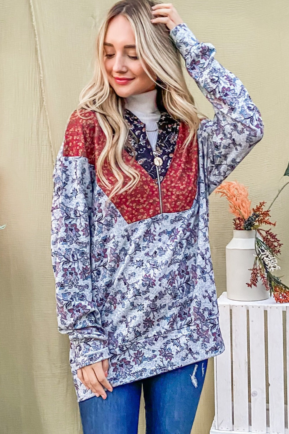 And The Why Printed Half Zip Up Long Sleeve Hoodie - Whispering Desires Shoppe