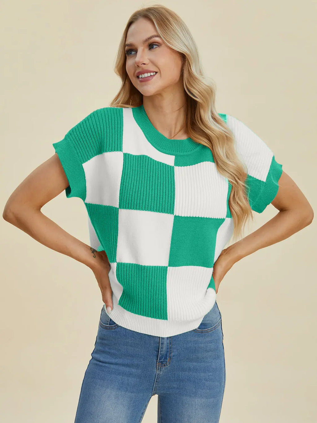 Double Take Checkered Round-Neck Short-Sleeve Sweater - Whispering Desires Shoppe