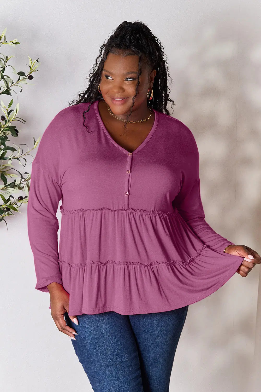 Double Take Ruffle-Hem Button Blouse - Whispering Desires Shoppe