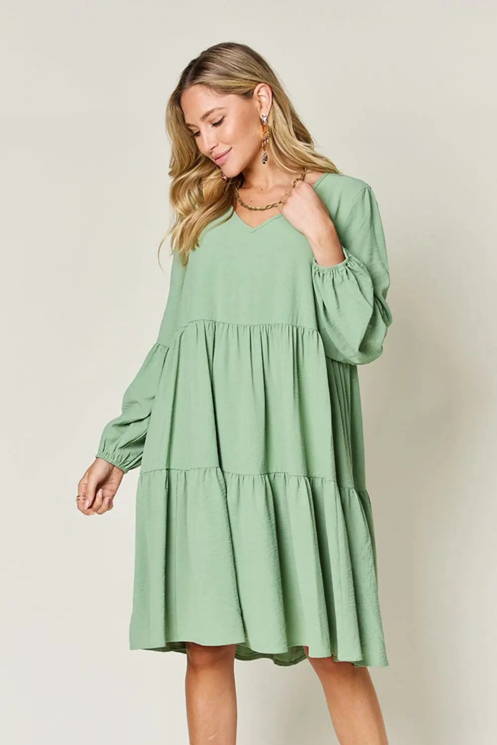 Double Take V-Neck Balloon Sleeve Tiered Dress w/ Pockets - Whispering Desires Shoppe