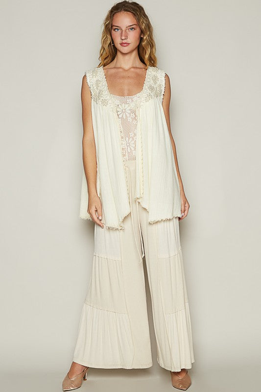 POL Pearl Detail Open Front Sleeveless Cardigan - Whispering Desires Shoppe