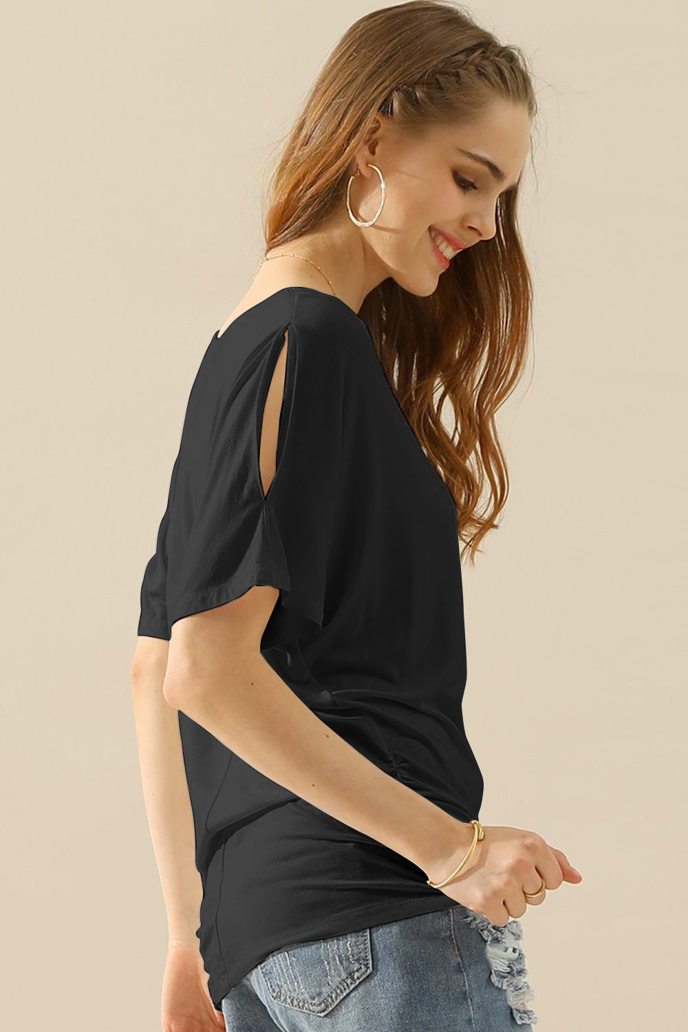 Ninexis Boat Neck Short Sleeve Ruched Side Top - Whispering Desires Shoppe