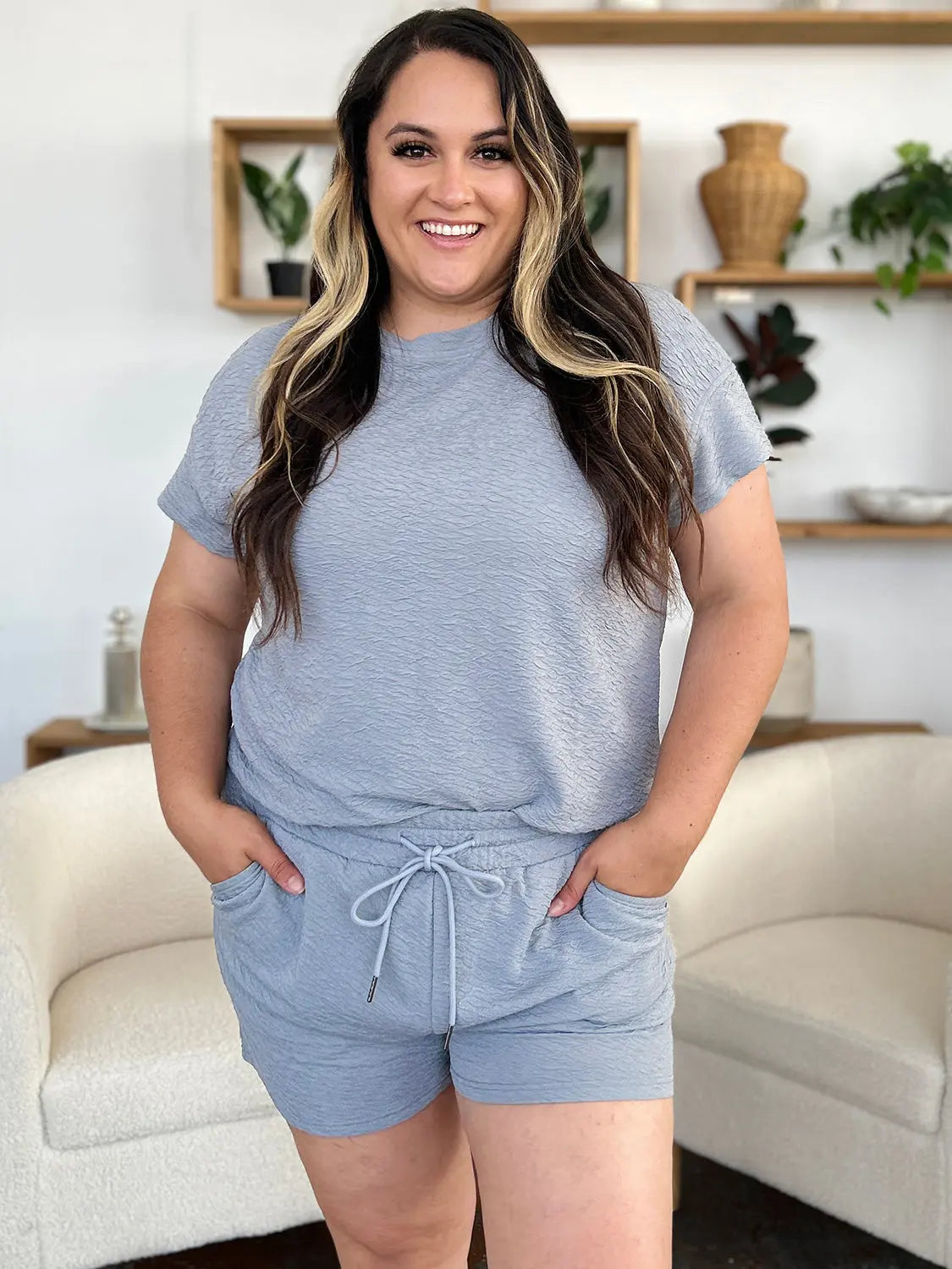 Double Take Textured Tee & Drawstring Shorts Set - Whispering Desires Shoppe