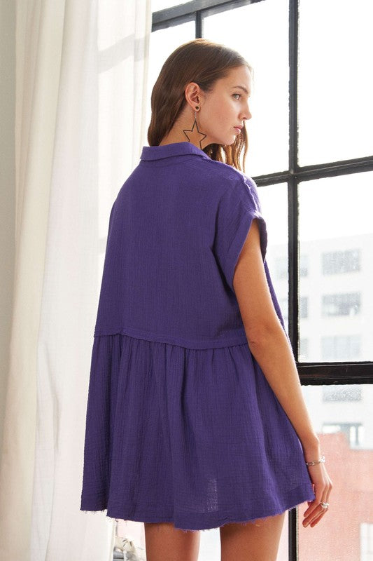 ADORA Raw Hem Collared Neck Button Down Shirt - Whispering Desires Shoppe