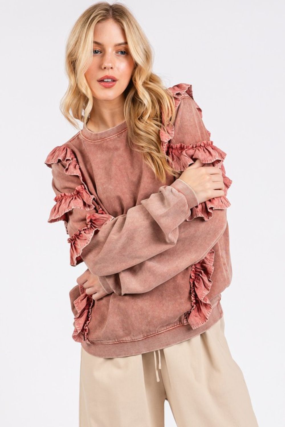Mittoshop Ruffled Mineral Washed Round Neck Long Sleeve Sweatshirt - Whispering Desires Shoppe