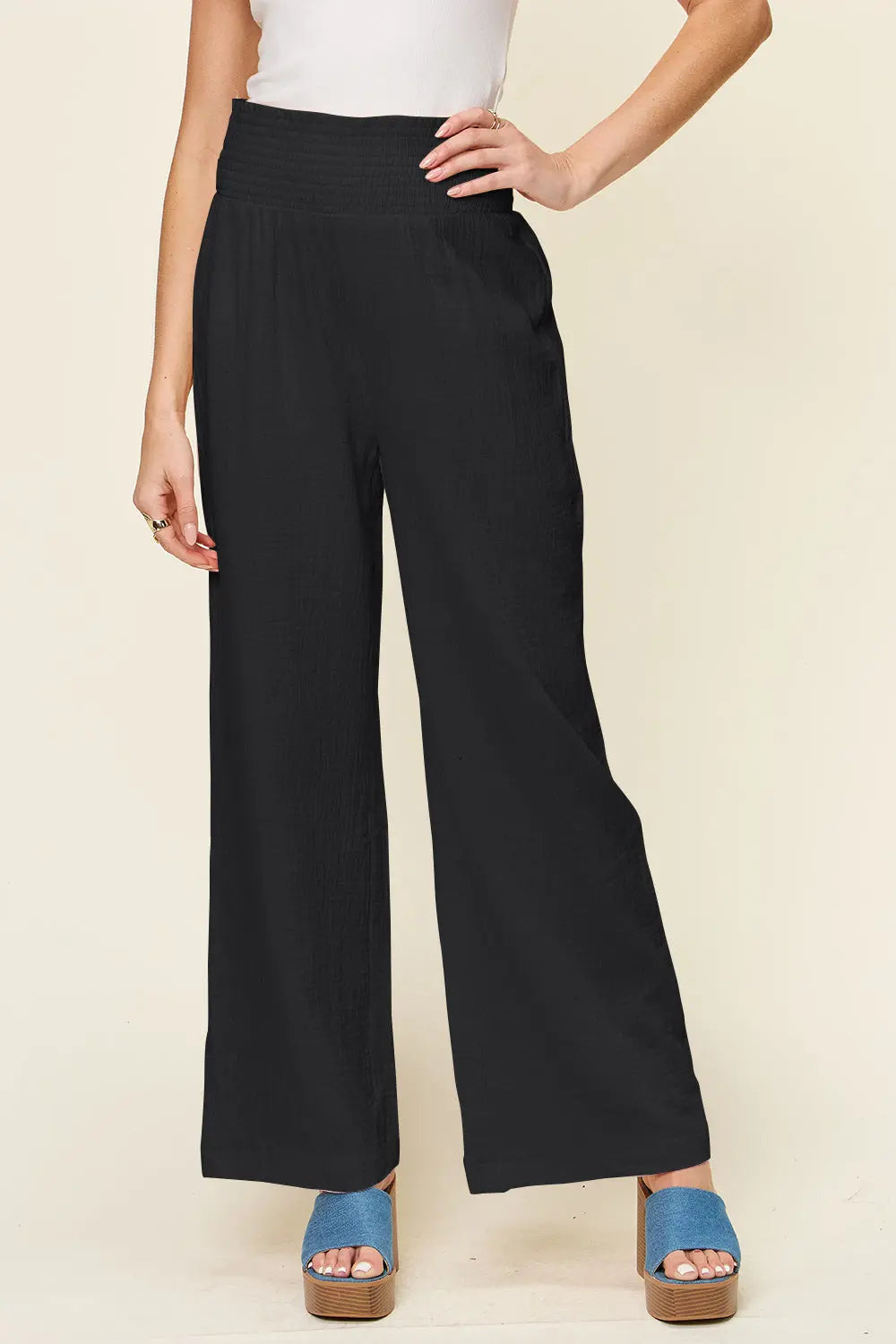 Double Take Smocked-Waist Wide-Leg Cotton Pants - Whispering Desires Shoppe
