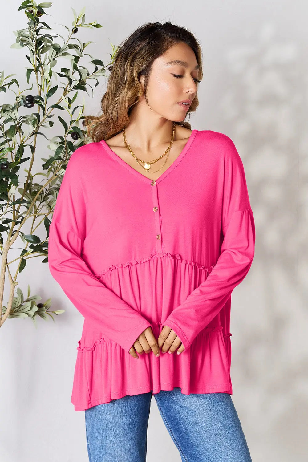 Double Take Ruffle-Hem Button Blouse - Whispering Desires Shoppe
