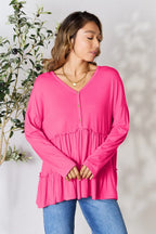 Double Take Ruffle-Hem Button Blouse - Whispering Desires Shoppe