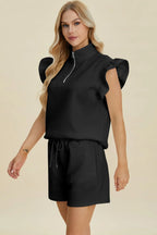 Double Take Flounce Sleeve Top & Drawstring Shorts - Whispering Desires Shoppe