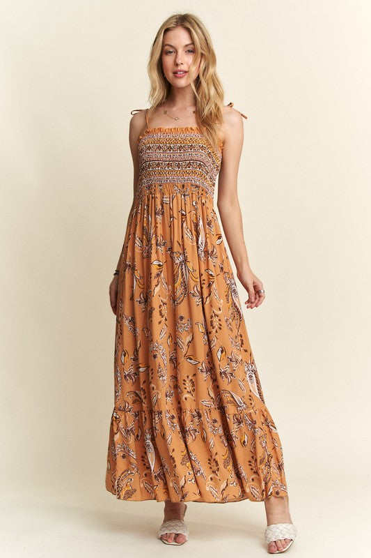 ADORA Smocked Printed Square Neck Tie Shoulder Cami Dress - Whispering Desires Shoppe