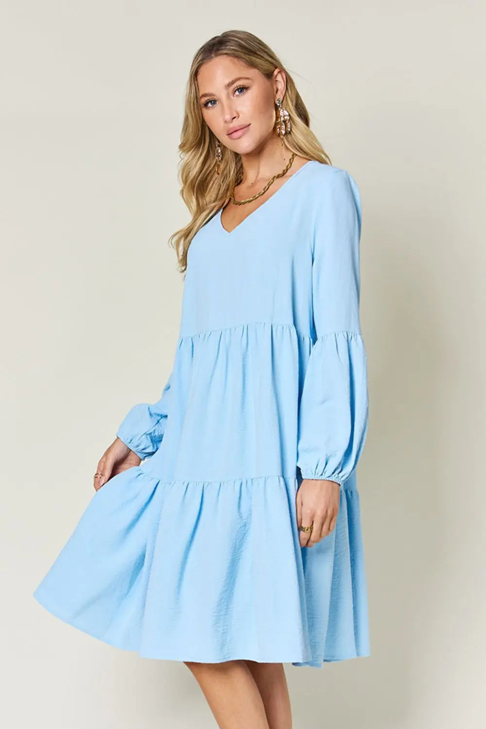 Double Take V-Neck Balloon Sleeve Tiered Dress w/ Pockets - Whispering Desires Shoppe