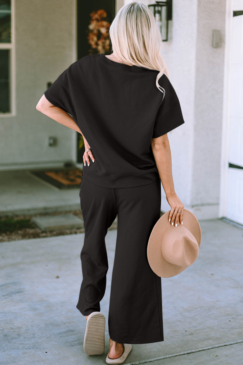Double Take Full Size Texture Short Sleeve Top and Pants Set - Whispering Desires Shoppe