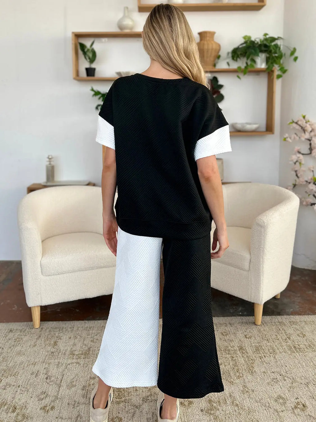 Double Take Texture Contrast Two-Piece Set — Wide Leg - Whispering Desires Shoppe