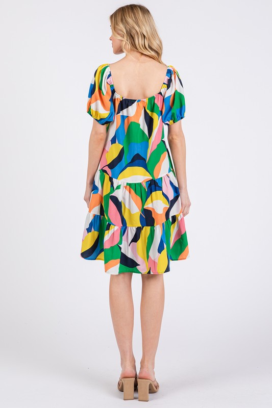 Ces Femme Abstract Print Sweetheart Neck Puff Sleeve Dress - Whispering Desires Shoppe