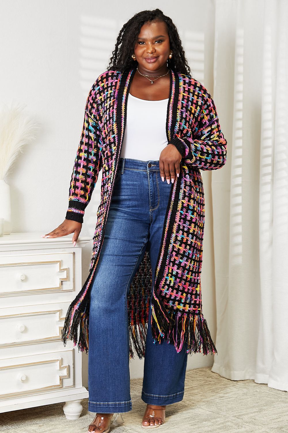 Angel Wings Full Size Multicolored Open Front Fringe Hem Cardigan - Whispering Desires Shoppe