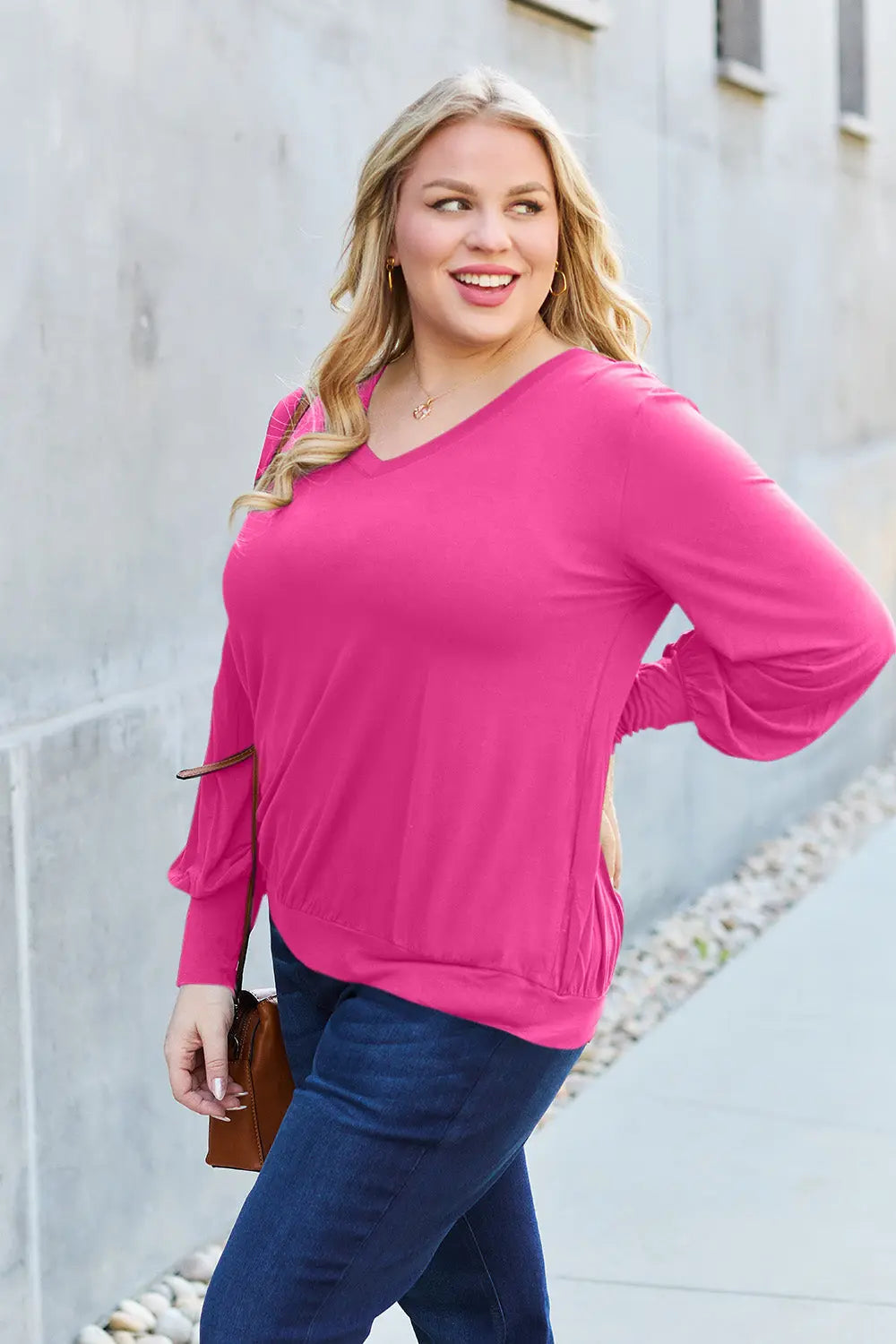 Basic Bae V-Neck Lantern Sleeve Top — Full Sizes - Whispering Desires Shoppe