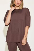 Basic Bae Full Size Bamboo Drop Shoulder T-Shirt and Flare Pants Set - Whispering Desires Shoppe