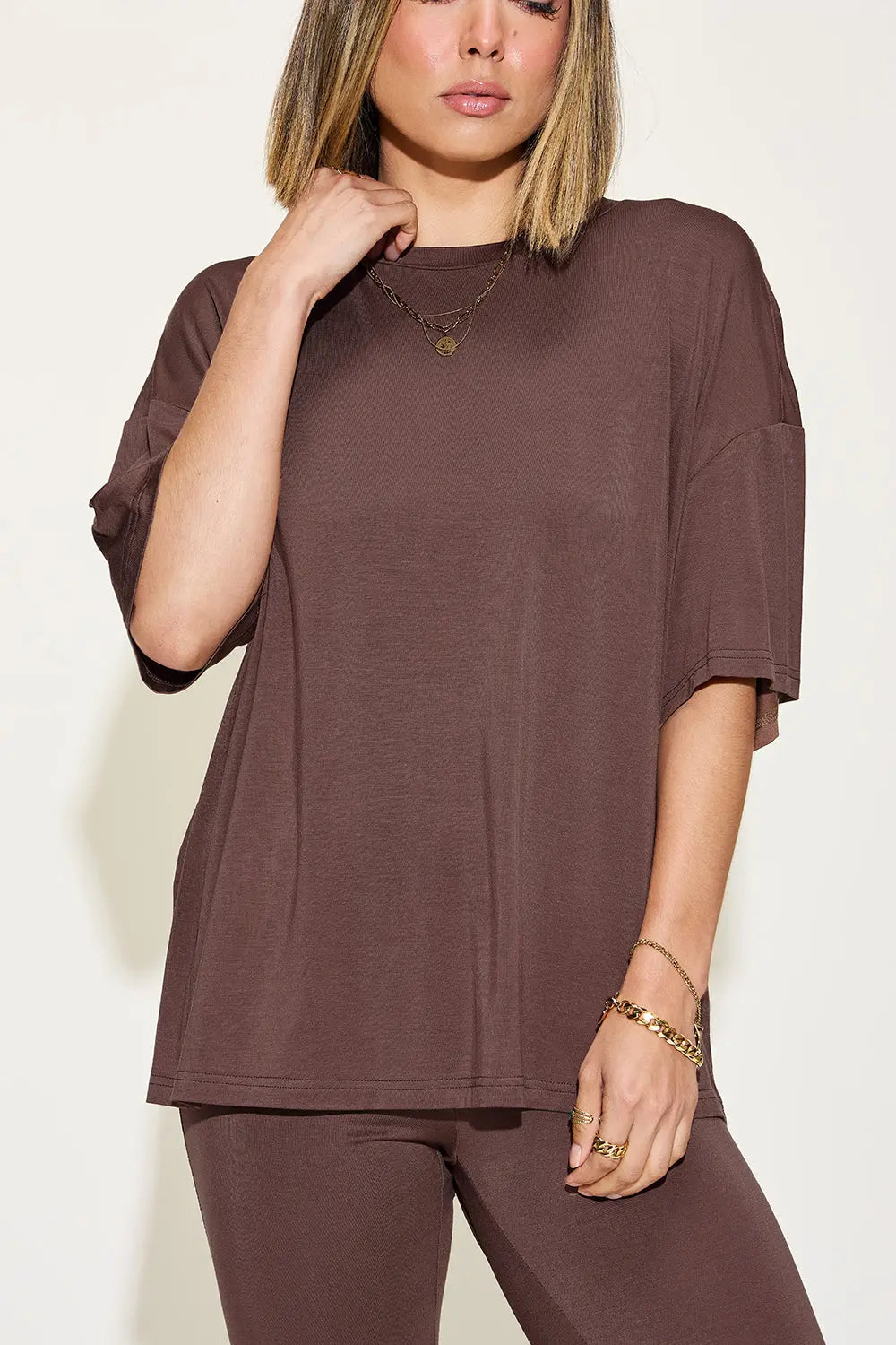 Basic Bae Full Size Bamboo Drop Shoulder T-Shirt and Flare Pants Set - Whispering Desires Shoppe