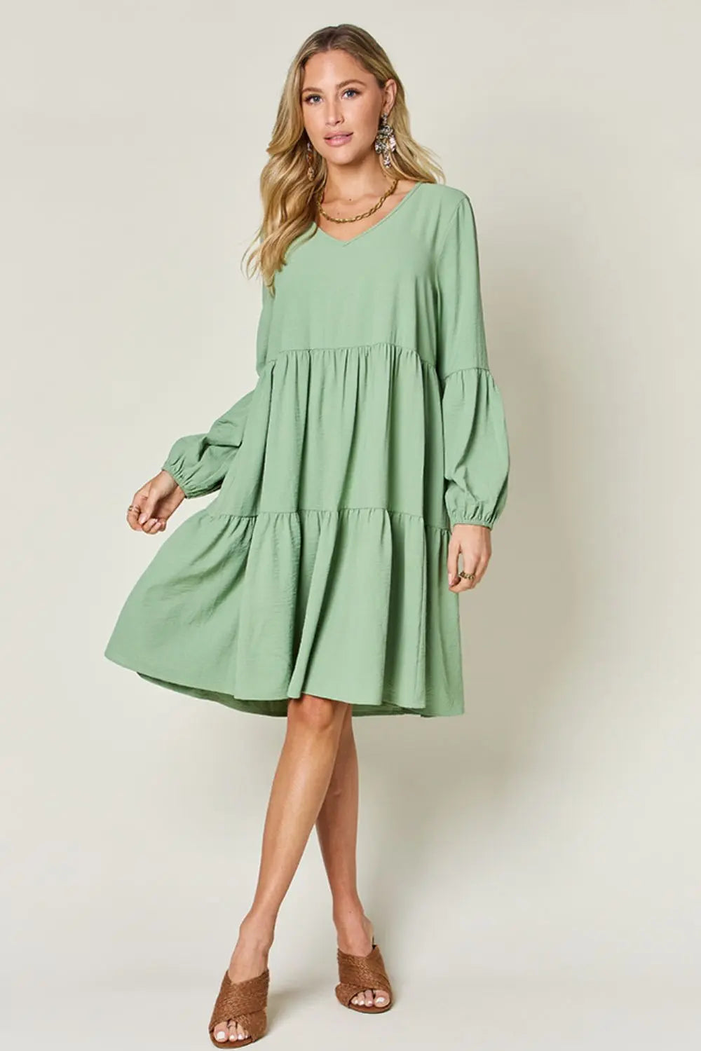 Double Take V-Neck Balloon Sleeve Tiered Dress w/ Pockets - Whispering Desires Shoppe