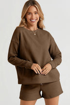 Double Take Textured Long Sleeve Top & Shorts Set - Whispering Desires Shoppe