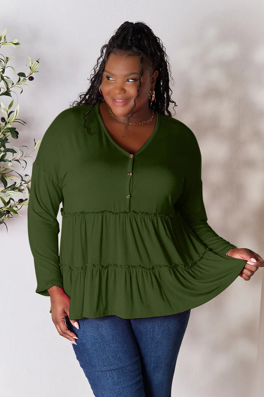 Double Take Ruffle-Hem Button Blouse - Whispering Desires Shoppe
