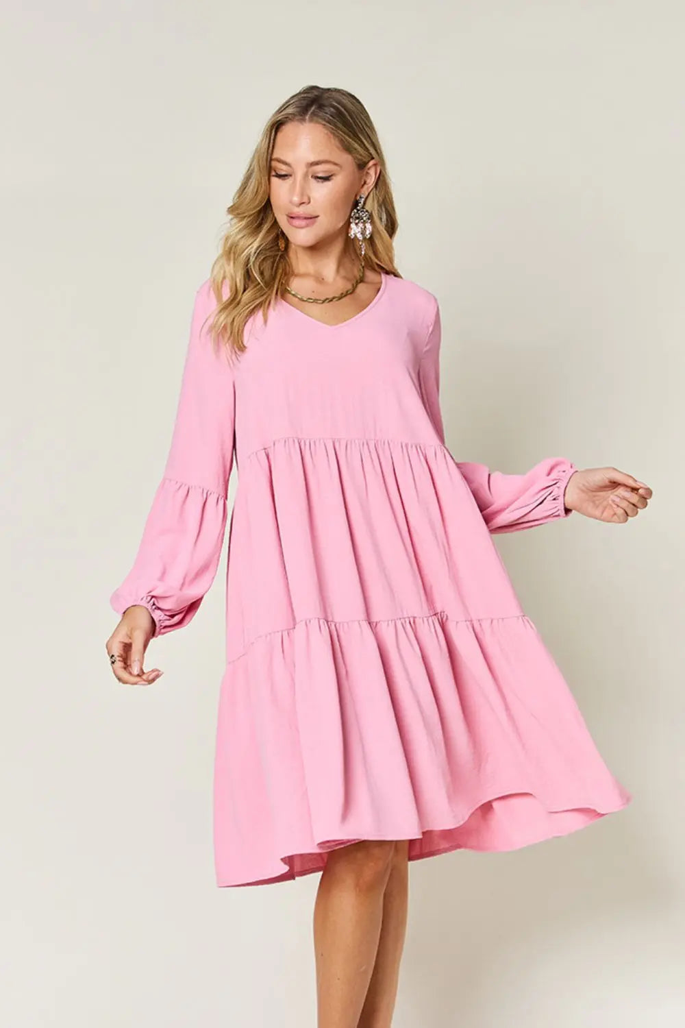 Double Take V-Neck Balloon Sleeve Tiered Dress w/ Pockets - Whispering Desires Shoppe