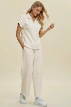 Double Take Collared Two-Piece Top & Wide-Leg Pants - Whispering Desires Shoppe