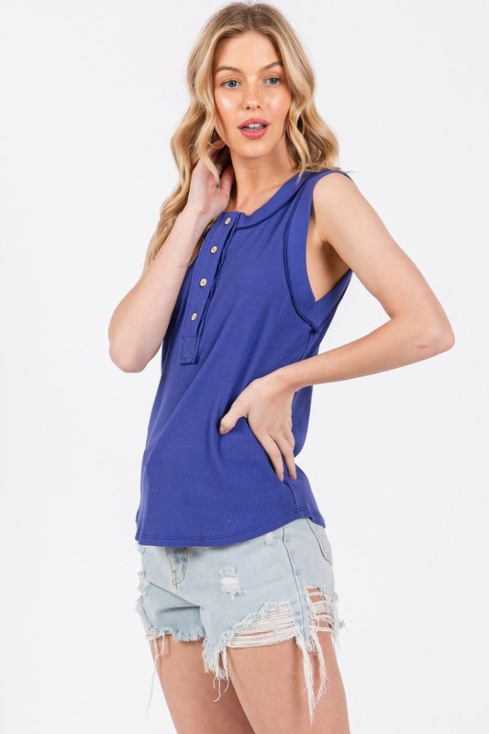 Ces Femme Stitch Detail Half Button Ribbed Tank - Whispering Desires Shoppe