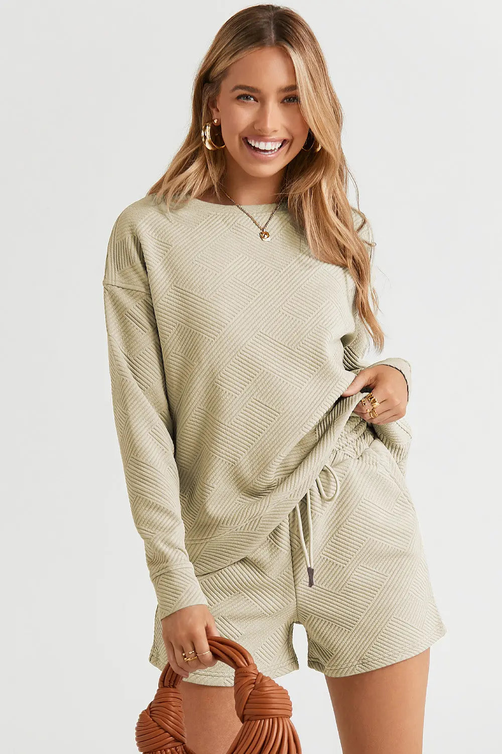 Double Take Textured Long Sleeve Top & Shorts Set - Whispering Desires Shoppe