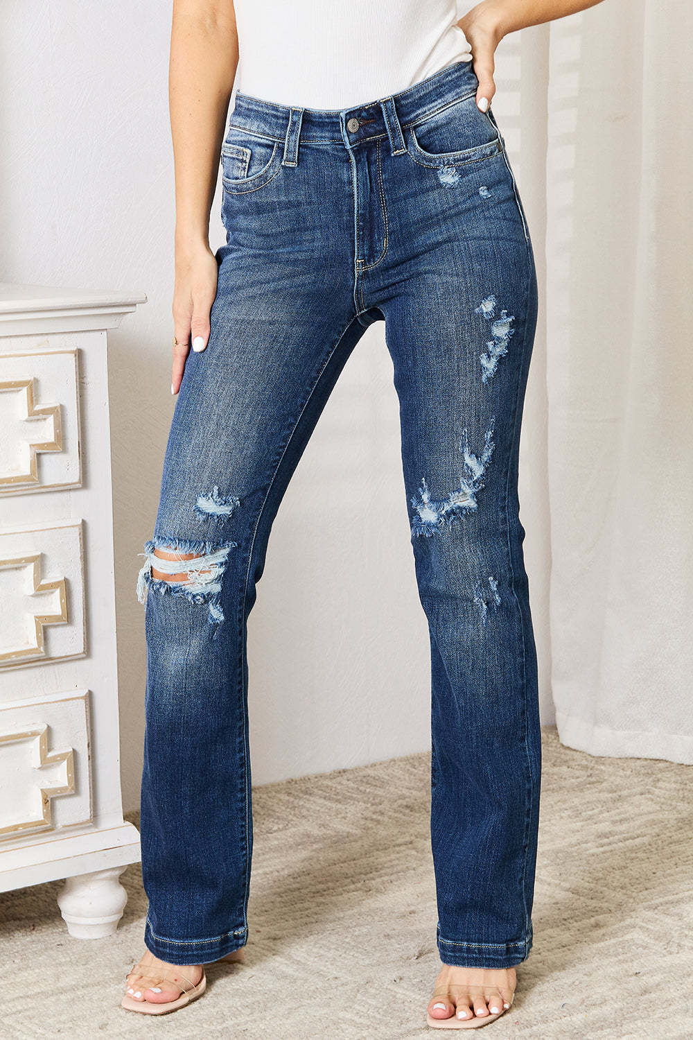 Judy Blue Mid-Rise Hand Sand & Destroy Bootcut Jeans - Whispering Desires Shoppe