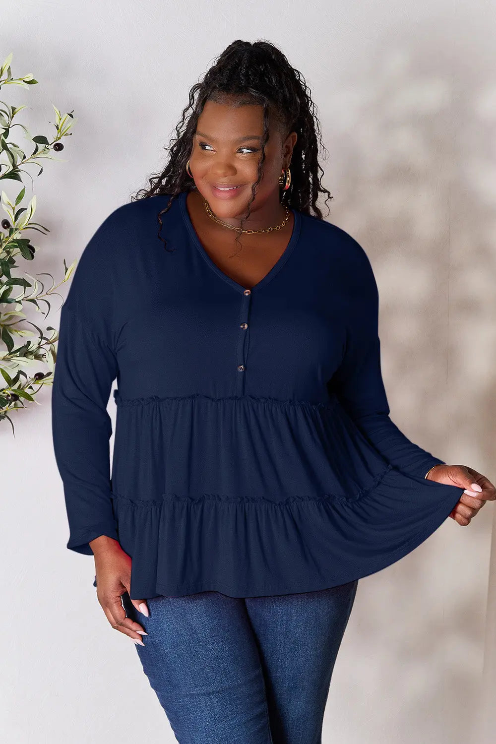 Double Take Ruffle-Hem Button Blouse - Whispering Desires Shoppe