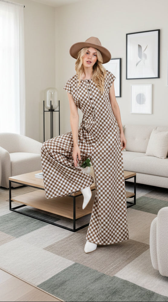 Ces Femme Checkered Half Button Cap Sleeve Jumpsuit - Whispering Desires Shoppe