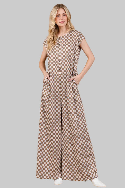 Ces Femme Checkered Half Button Cap Sleeve Jumpsuit - Whispering Desires Shoppe