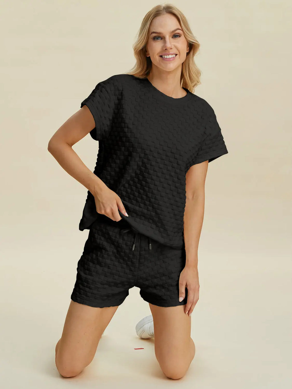 Double Take Textured T-Shirt & Drawstring Shorts Set - Whispering Desires Shoppe