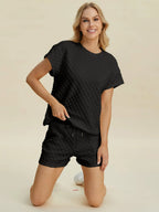 Double Take Textured T-Shirt & Drawstring Shorts Set - Whispering Desires Shoppe