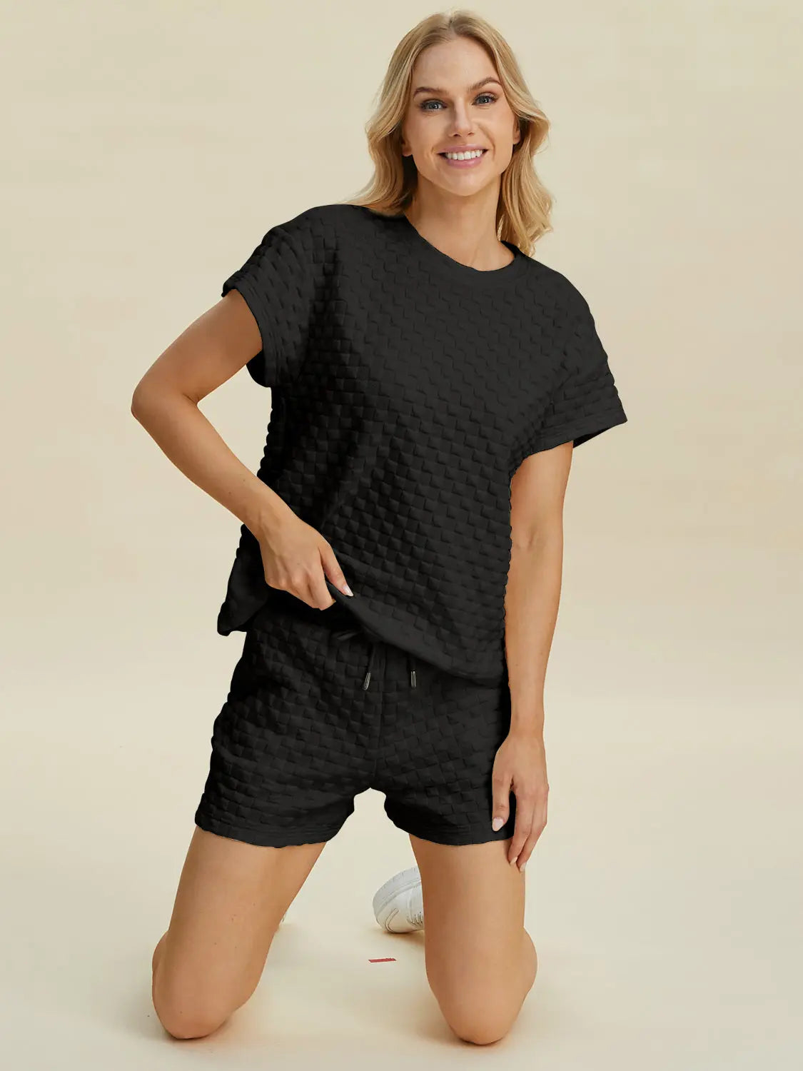 Double Take Textured T-Shirt & Drawstring Shorts Set - Whispering Desires Shoppe
