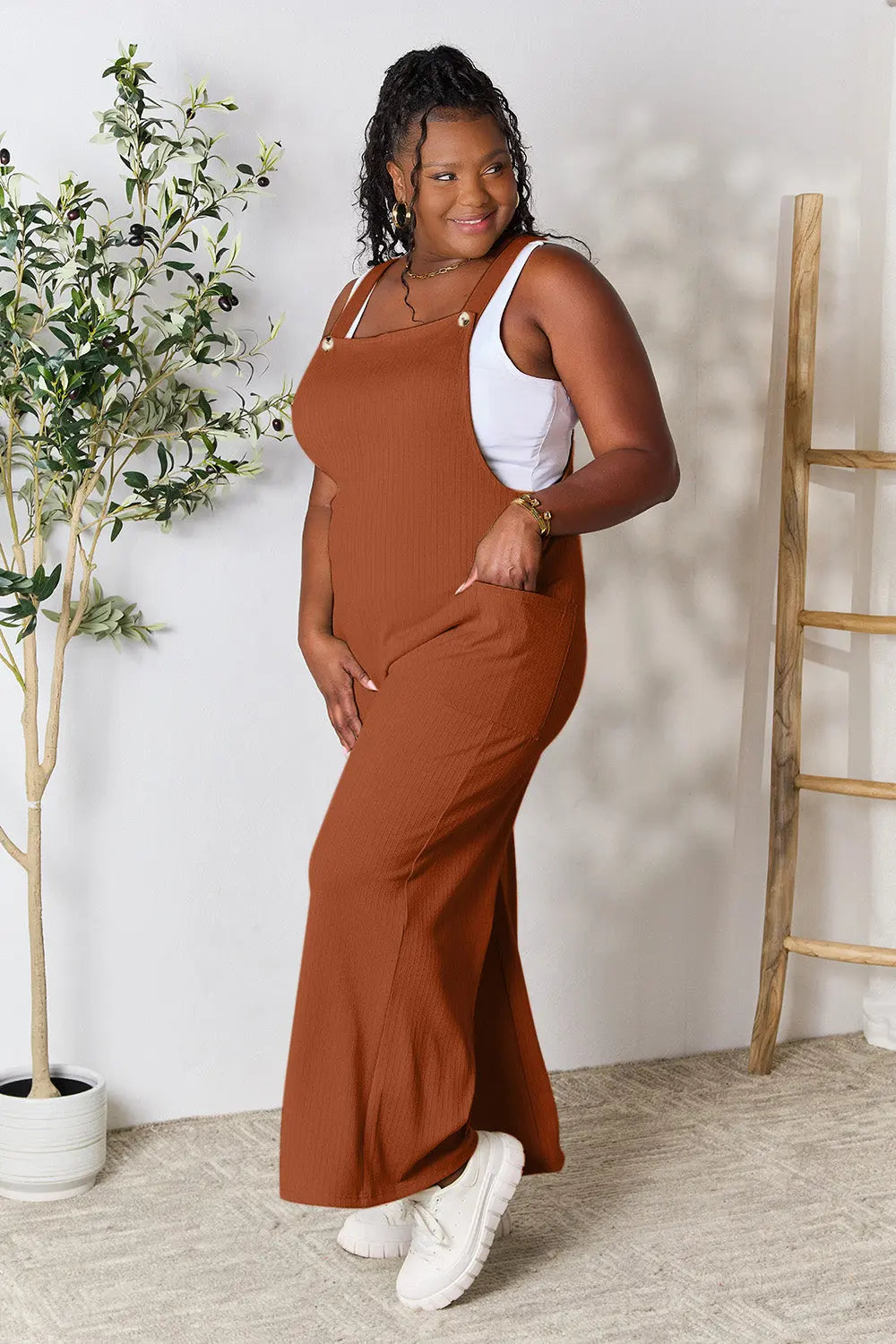 Double Take Wide-Strap Ribbed Overall with Pockets - Whispering Desires Shoppe