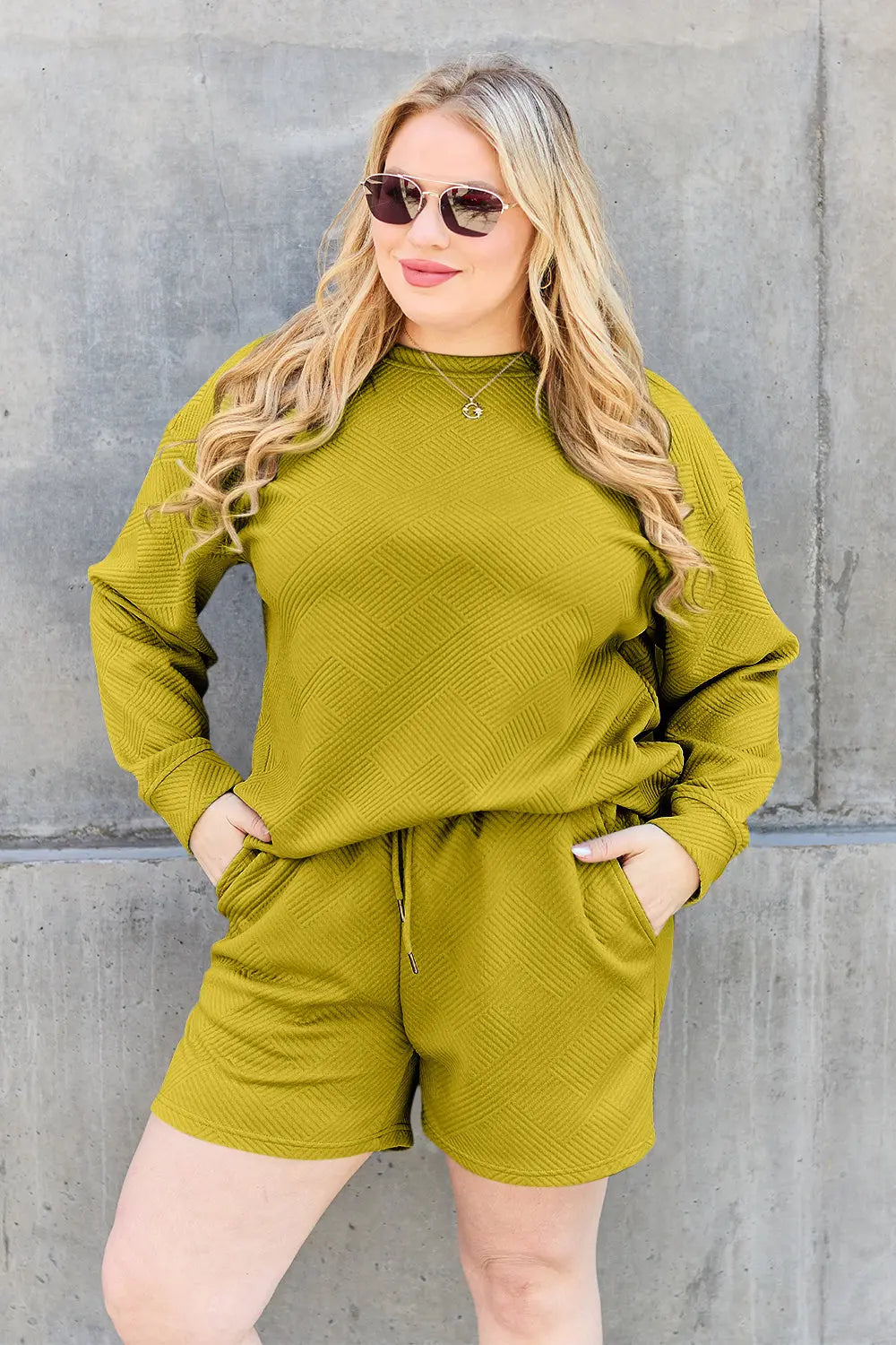 Double Take Textured Long Sleeve Top & Shorts Set - Whispering Desires Shoppe