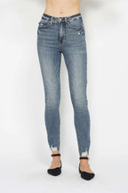 Judy Blue Tummy Control Vintage Wash Distressed Hem Jeans - Whispering Desires Shoppe