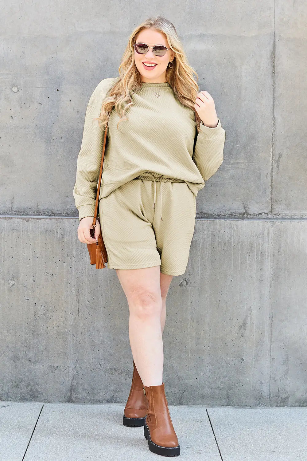 Double Take Textured Long Sleeve Top & Shorts Set - Whispering Desires Shoppe