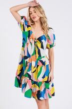 Ces Femme Abstract Print Sweetheart Neck Puff Sleeve Dress - Whispering Desires Shoppe